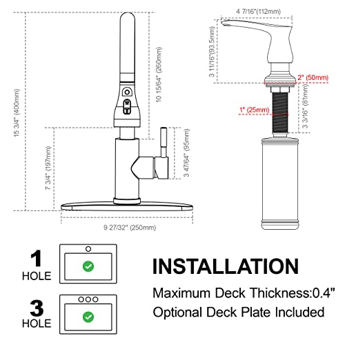 Brushed Nickel Pull Down Kitchen Faucet with Soap Dispenser - High Arc 3-Function Pull Out Kitchen Faucet, Stainless Steel Kitchen Sink Faucet with Pull Down Sprayer Single Hole Single Handle