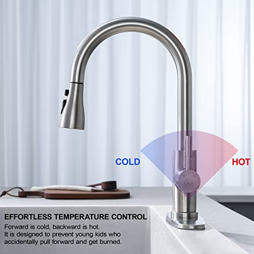 Brushed Nickel Pull Down Kitchen Faucet with Soap Dispenser - High Arc 3-Function Pull Out Kitchen Faucet, Stainless Steel Kitchen Sink Faucet with Pull Down Sprayer Single Hole Single Handle