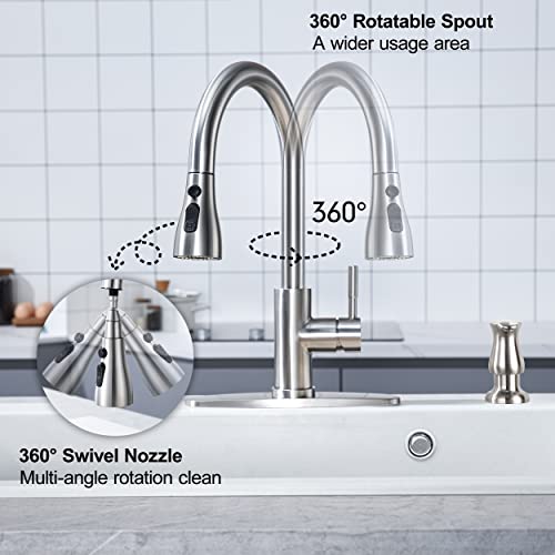 Brushed Nickel Pull Down Kitchen Faucet with Soap Dispenser - High Arc 3-Function Pull Out Kitchen Faucet, Stainless Steel Kitchen Sink Faucet with Pull Down Sprayer Single Hole Single Handle