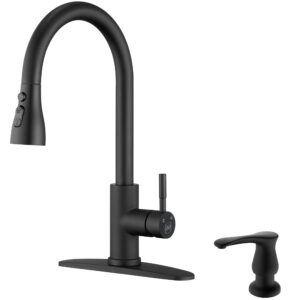 matte black pull down kitchen faucet with soap dispenser - high arc 3-function pull out kitchen faucet, stainless steel kitchen sink faucet with pull down sprayer single hole single handle