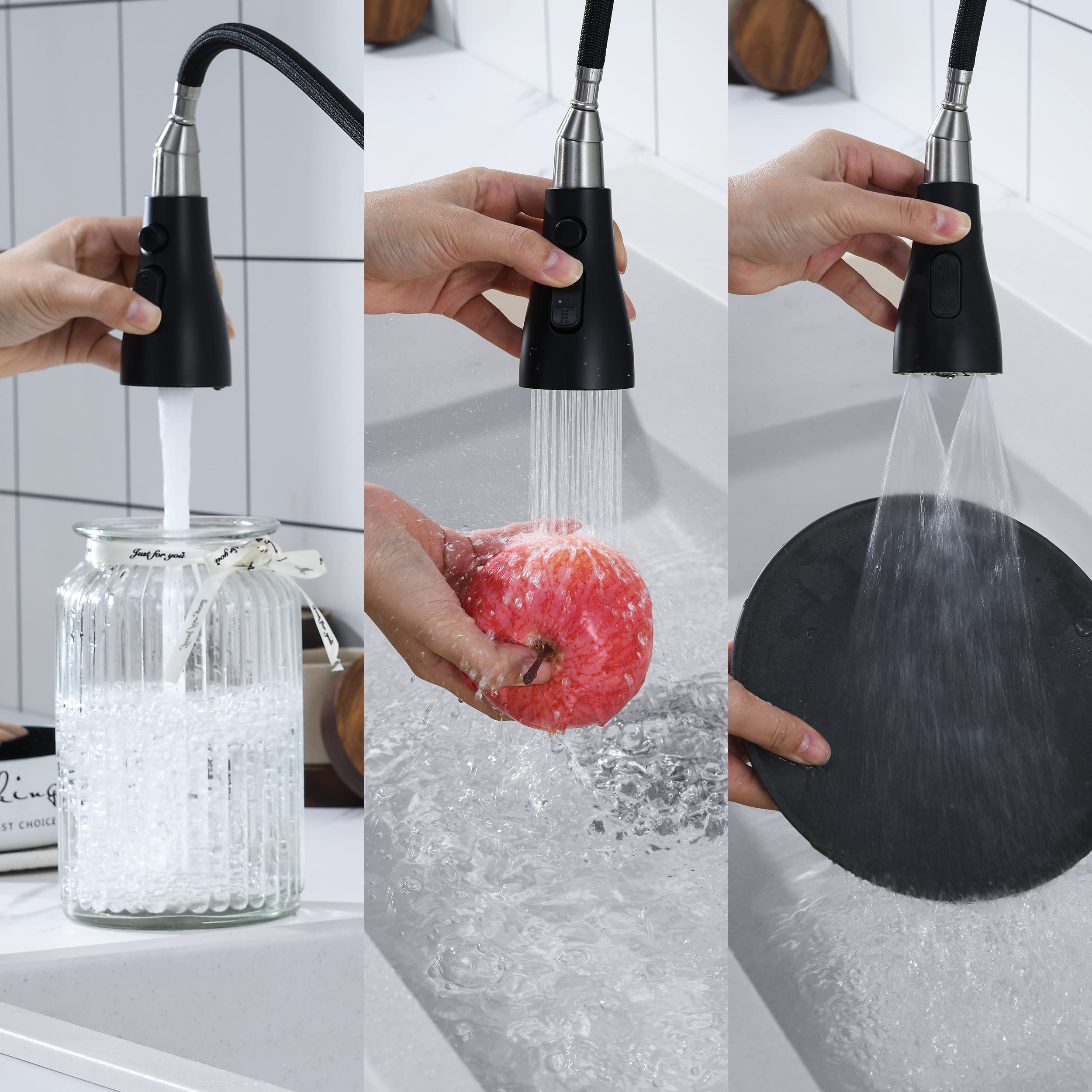 Matte Black Pull Down Kitchen Faucet with Soap Dispenser - High Arc 3-Function Pull Out Kitchen Faucet, Stainless Steel Kitchen Sink Faucet with Pull Down Sprayer Single Hole Single Handle