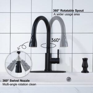 Matte Black Pull Down Kitchen Faucet with Soap Dispenser - High Arc 3-Function Pull Out Kitchen Faucet, Stainless Steel Kitchen Sink Faucet with Pull Down Sprayer Single Hole Single Handle