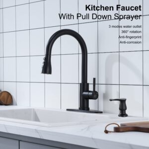 Matte Black Pull Down Kitchen Faucet with Soap Dispenser - High Arc 3-Function Pull Out Kitchen Faucet, Stainless Steel Kitchen Sink Faucet with Pull Down Sprayer Single Hole Single Handle