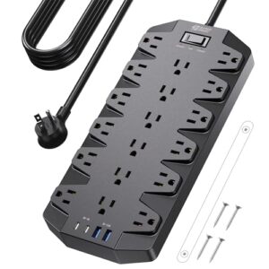 mountable power strip, superdanny 6-outlet surge protector, 9.8 ft extension cord, 900 joules, overload switch, multiple protections, mountable, desktop charging station for home, office, black