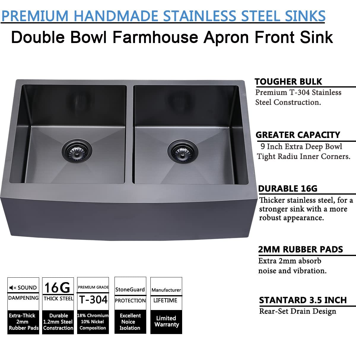 SHACO 33 Inch Black Double Farmhouse Sink, 33x21 Gunmetal Black Divided 50/50 Farmhouse Kitchen Sink, 304 Stainless Steel 9 Inch Deep Double Basin Apron Front Farm Sink for Kitchen