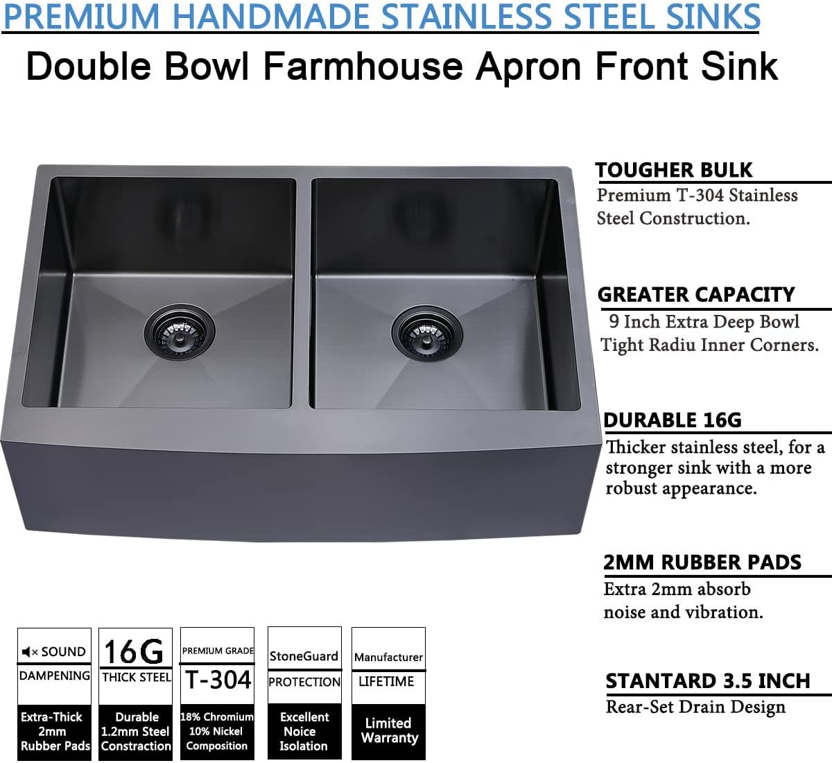 SHACO 33 Inch Black Double Farmhouse Sink, 33x21 Gunmetal Black Divided 50/50 Farmhouse Kitchen Sink, 304 Stainless Steel 9 Inch Deep Double Basin Apron Front Farm Sink for Kitchen