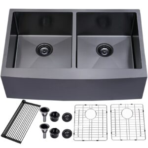 SHACO 33 Inch Black Double Farmhouse Sink, 33x21 Gunmetal Black Divided 50/50 Farmhouse Kitchen Sink, 304 Stainless Steel 9 Inch Deep Double Basin Apron Front Farm Sink for Kitchen