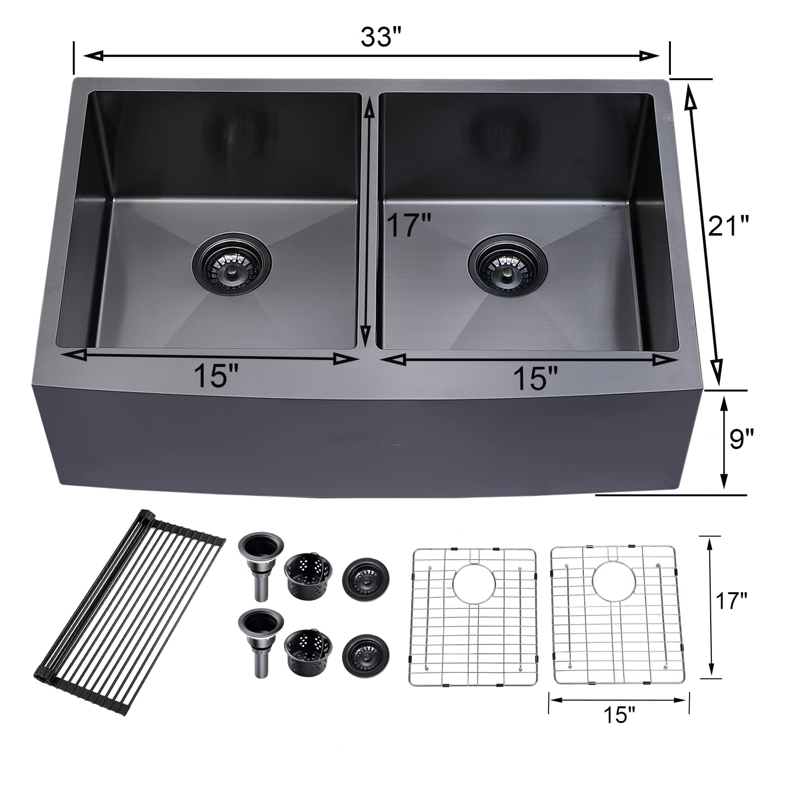 SHACO 33 Inch Black Double Farmhouse Sink, 33x21 Gunmetal Black Divided 50/50 Farmhouse Kitchen Sink, 304 Stainless Steel 9 Inch Deep Double Basin Apron Front Farm Sink for Kitchen