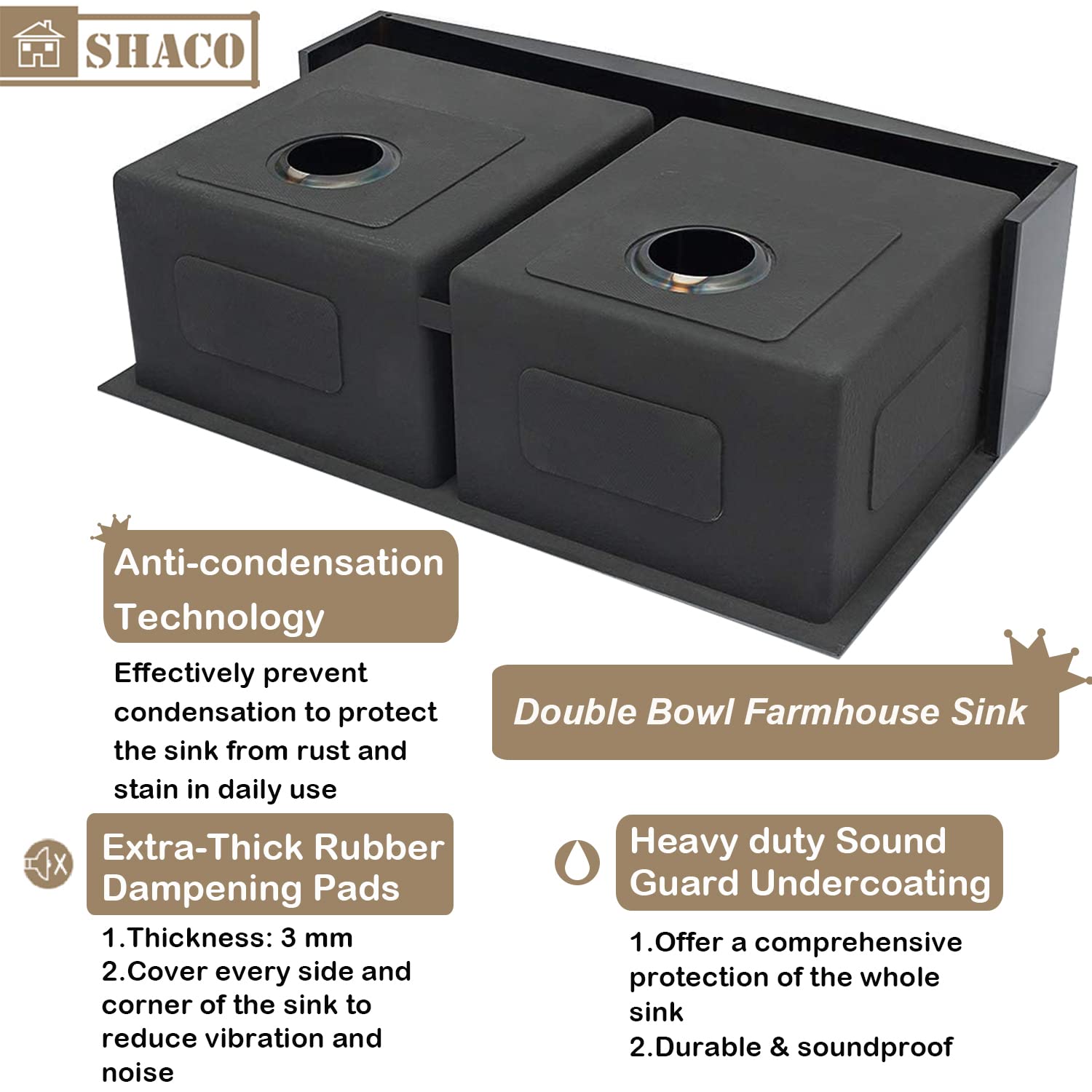 SHACO 33 Inch Black Double Farmhouse Sink, 33x21 Gunmetal Black Divided 50/50 Farmhouse Kitchen Sink, 304 Stainless Steel 9 Inch Deep Double Basin Apron Front Farm Sink for Kitchen