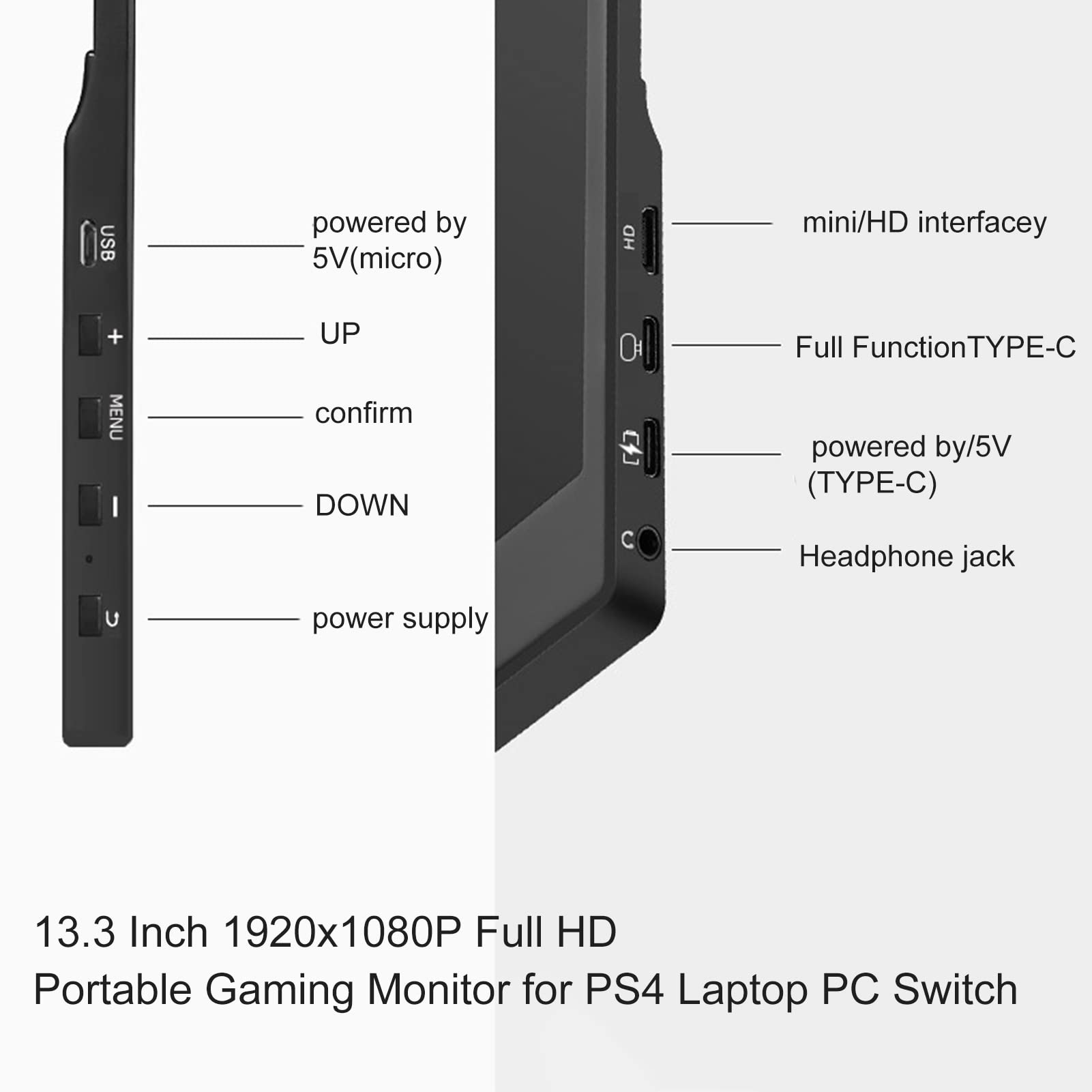 Hislaves 15.6 inch Portable IPS Display1080P HDMI-Compatible USB-C for PC for Xbox for PS4 Switch