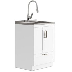 simplihome reed transitional 24 inch deluxe laundry cabinet with pull-out faucet and stainless steel sink in white, for the laundry room and utility room
