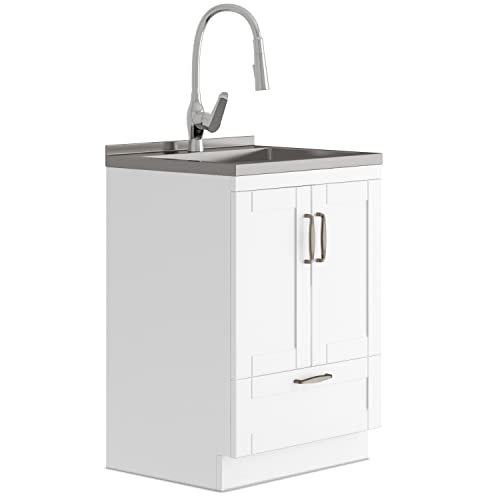 SIMPLIHOME Reed Transitional 24 Inch Deluxe Laundry Cabinet with Pull-out Faucet and Stainless Steel Sink in White, For the Laundry Room and Utility Room