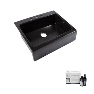 parker fireclay quick-fit drop-in farmhouse kitchen sink and care kit, 26" matte black single bowl with 3 holes
