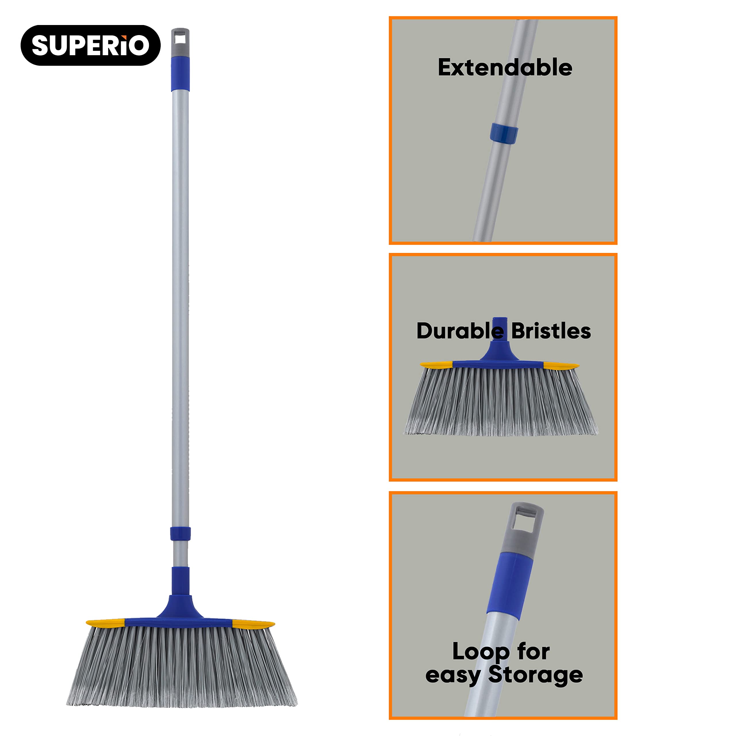 Slim Angle Broom with Extendable Handle 53" Long, Durable Collapsible Broom for Home, Kitchen, RV, Travel (Blue, 2)