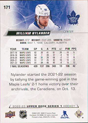 2022-23 Upper Deck #171 William Nylander Toronto Maple Leafs Series 1 NHL Hockey Trading Card