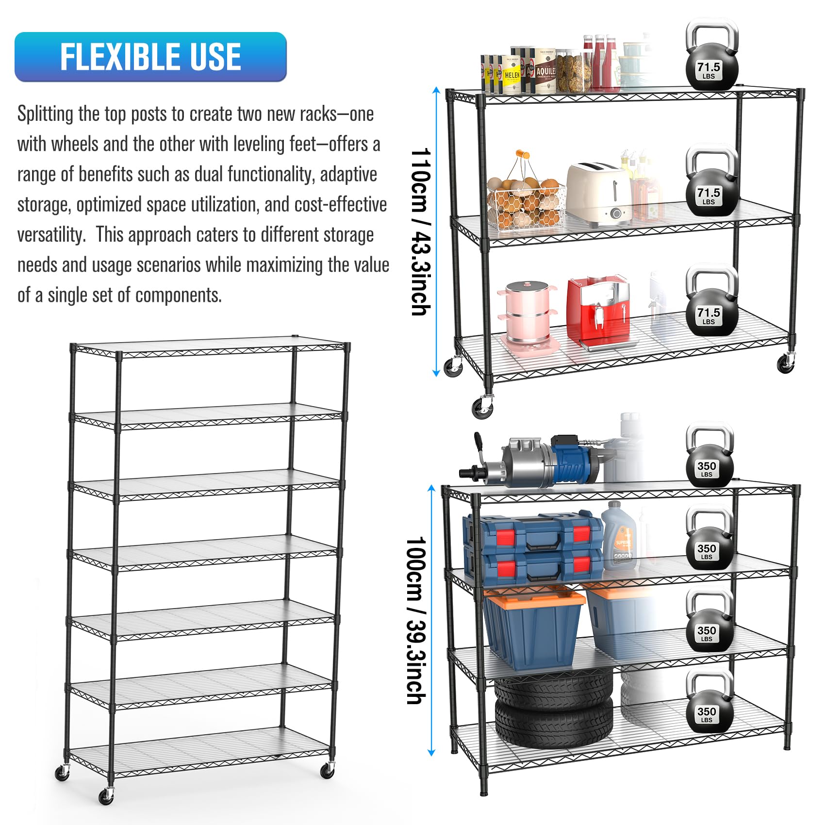 Black NSF 7 Tier Metal Shelf Wire Shelving Unit, 2450lbs Heavy Duty Adjustable Storage Rack with Wheels & Shelf Liners for Closet Kitchen Garage Basement Commercial Shelving - 82" H x 48" L x 18" D