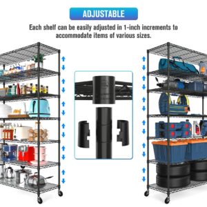 Black NSF 7 Tier Metal Shelf Wire Shelving Unit, 2450lbs Heavy Duty Adjustable Storage Rack with Wheels & Shelf Liners for Closet Kitchen Garage Basement Commercial Shelving - 82" H x 48" L x 18" D