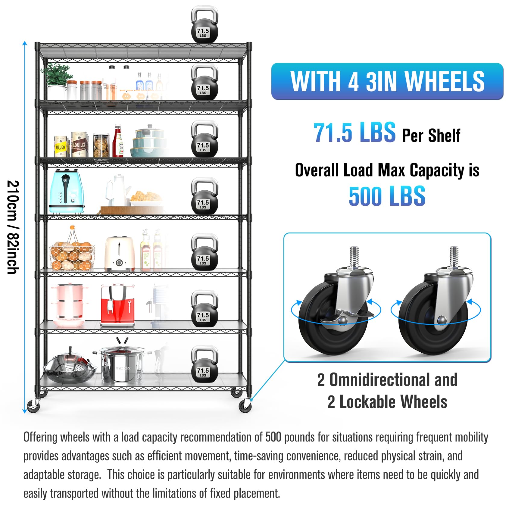 Black NSF 7 Tier Metal Shelf Wire Shelving Unit, 2450lbs Heavy Duty Adjustable Storage Rack with Wheels & Shelf Liners for Closet Kitchen Garage Basement Commercial Shelving - 82" H x 48" L x 18" D