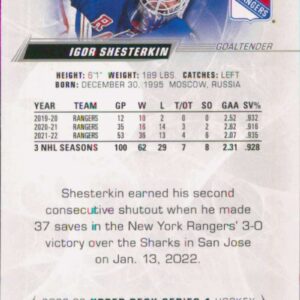 2022-23 Upper Deck #123 Igor Shesterkin New York Rangers Series 1 NHL Hockey Trading Card