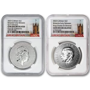 2023 lot of (2) 1 oz british silver britannia coins gem uncirculated (early releases - great britain label) £2 ngc gemunc