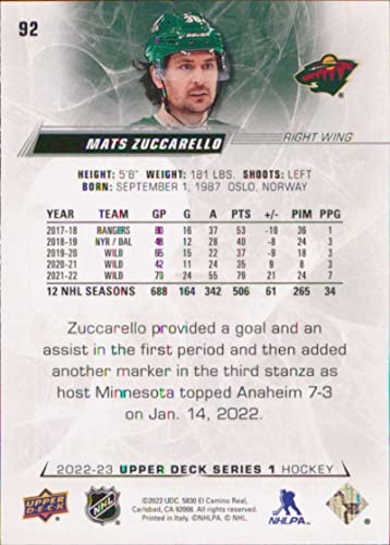 2022-23 Upper Deck #92 Mats Zuccarello Minnesota Wild Series 1 NHL Hockey Trading Card