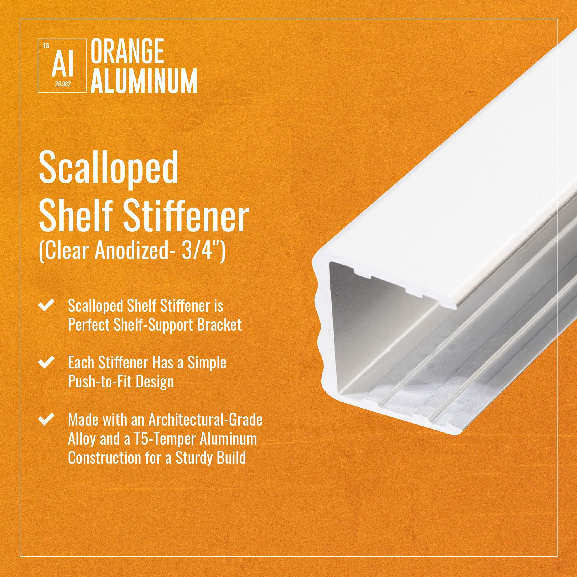 Scalloped Shelf Stiffener by Orange Aluminum, Rack, Cabinet, and Shelf Bracket, 48 Inches, for 3/4" Materials, Clear Anodized