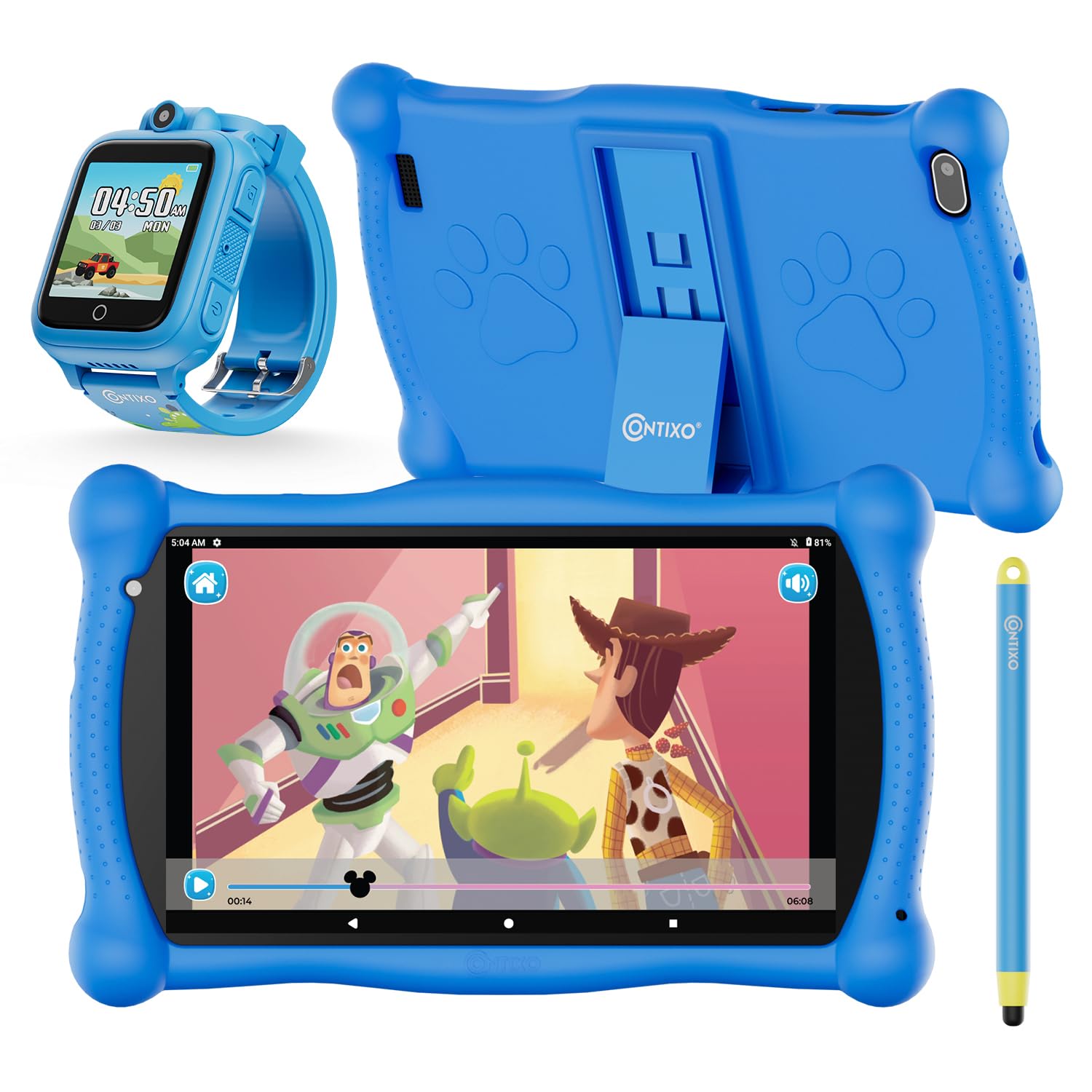 Contixo Kids Tablet, V10 7 Inch Tablet for Kids and Smart Watch Bundle, 2GB 32 GB Toddler Tablet with Bluetooth, with Smart Watch That Touch Screen, Camera, Video and Audio Recording, MP3 Player