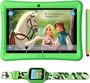 contixo kids tablet, k102 10 inch tablet for kids and smart watch bundle, 2gb 32 gb toddler tablet with bluetooth, with smart watch that touch screen, camera, video and audio recording - green