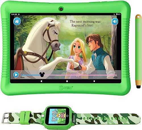 Contixo Kids Tablet, K102 10 Inch Tablet for Kids and Smart Watch Bundle, 2GB 32 GB Toddler Tablet with Bluetooth, with Smart Watch That Touch Screen, Camera, Video and Audio Recording - Green