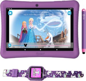 contixo kids tablet, k102 10 inch tablet for kids and smart watch bundle, 2gb 32 gb toddler tablet with bluetooth, with smart watch that touch screen, camera, video and audio recording - purple