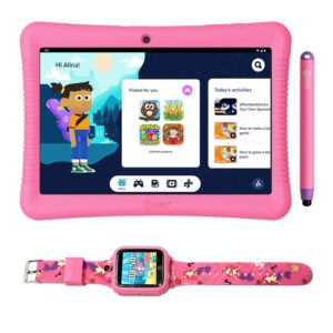 contixo kids tablet, k102 10 inch tablet for kids and smart watch bundle, 2gb 32 gb toddler tablet with bluetooth, with smart watch that touch screen, camera, video and audio recording - pink
