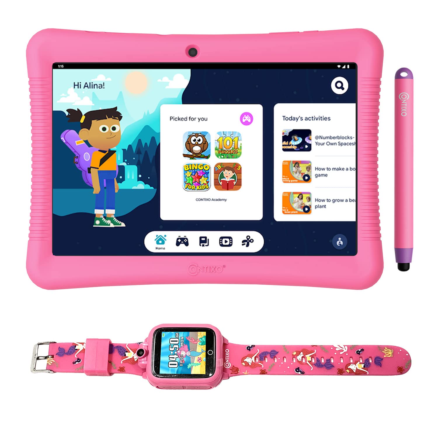 Contixo Kids Tablet, K102 10 Inch Tablet for Kids and Smart Watch Bundle, 2GB 32 GB Toddler Tablet with Bluetooth, with Smart Watch That Touch Screen, Camera, Video and Audio Recording - Pink