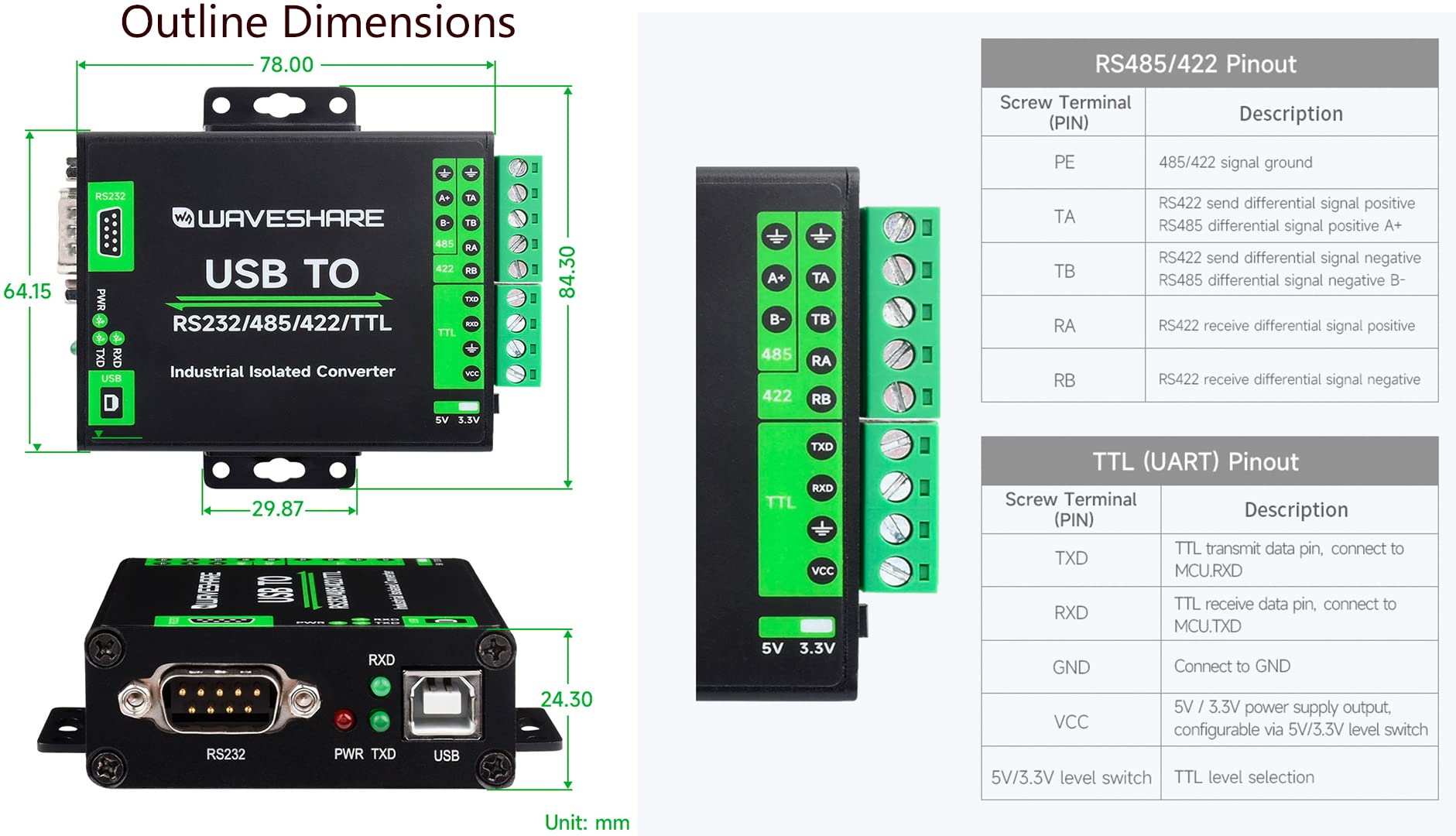 USB to RS232/485/422/TTL Converter with FT232RNL Chip, Industrial Isolated USB Adapter with Multiple Protection, Support Multi Devices and Android, Windows 11 / 10 / 8.1 / 8 / 7, Etc Multi System