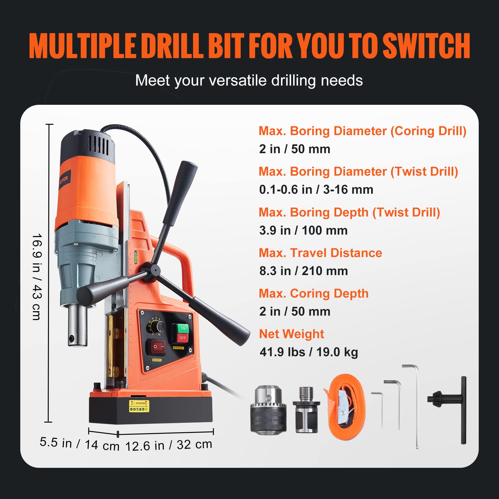 VEVOR Mag Drill Press, 1550W 2" Boring Diameter, 2922lbf Power Magnetic Drill, 500 PRM, 10-Speed, Electric Drilling Machine for Metal Surface, Industrial and Home Improvement