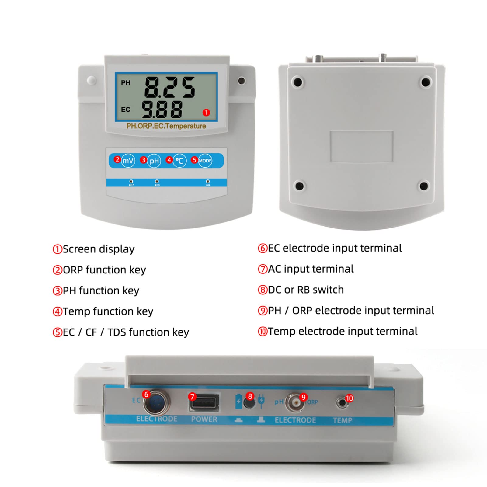 Water Quality Monitor, LCD Display, with High Precise PH, Temperature and EC Probe, 0°C to 50°C Auto Compensate Temperature, 6 in 1 PH ORP EC CF TDS Temperature Tester(USA)