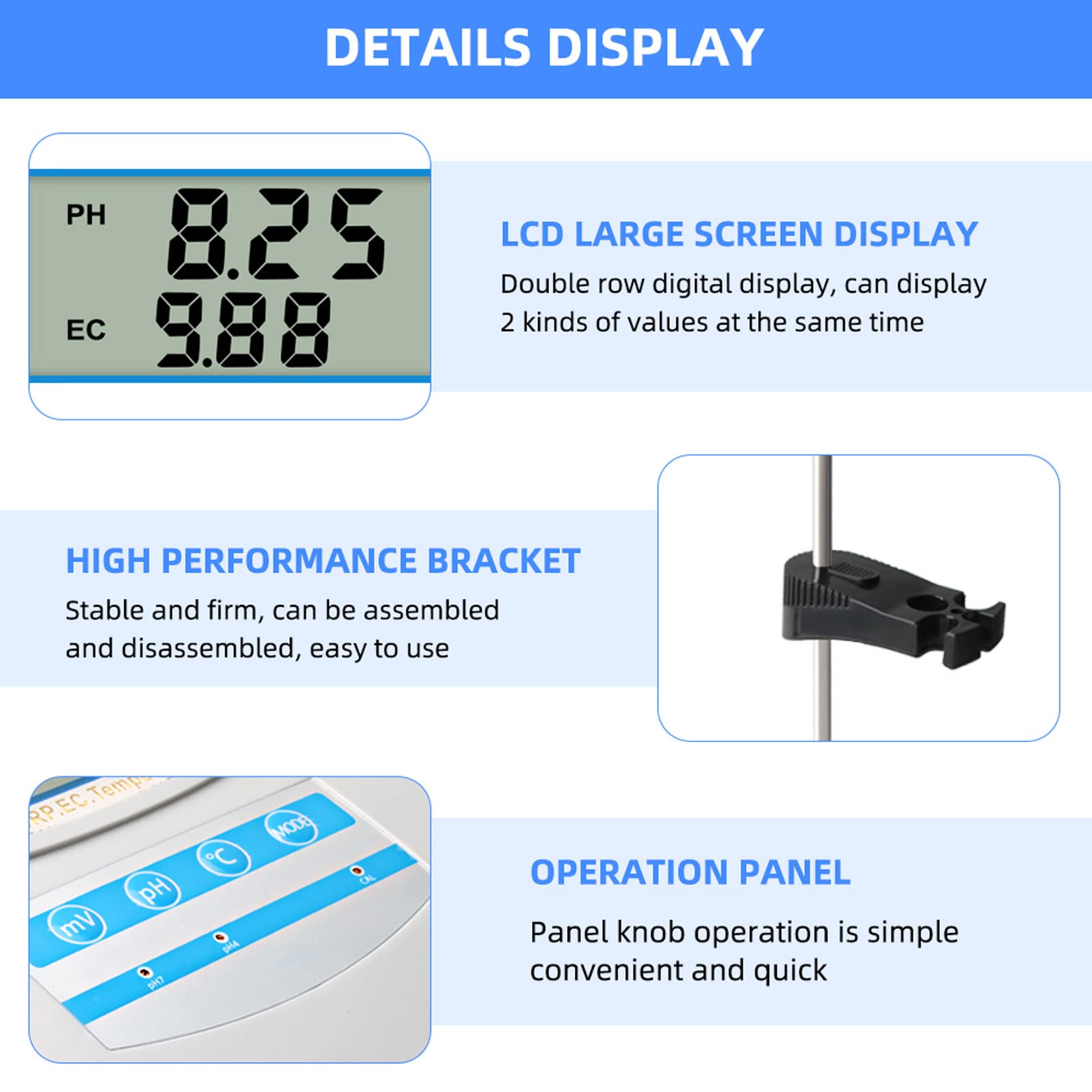 Water Quality Monitor, LCD Display, with High Precise PH, Temperature and EC Probe, 0°C to 50°C Auto Compensate Temperature, 6 in 1 PH ORP EC CF TDS Temperature Tester(USA)