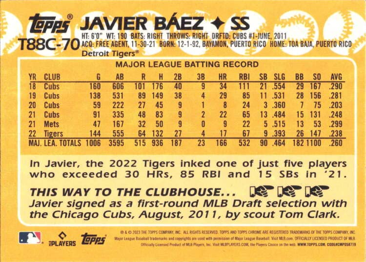 2023 TOPPS SERIES ONE SILVER PACKS MOJO REFRACTOR #T88C-70 JAVIER BAEZ DETROIT TIGERS BASEBALL OFFICIAL TRADING CARD OF THE MLB