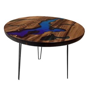 aurtem modern round coffee table with blue epoxy home furniture household essential coffee table sturdy wooden, resin console table accent piece for your living room and office (24''x24'')