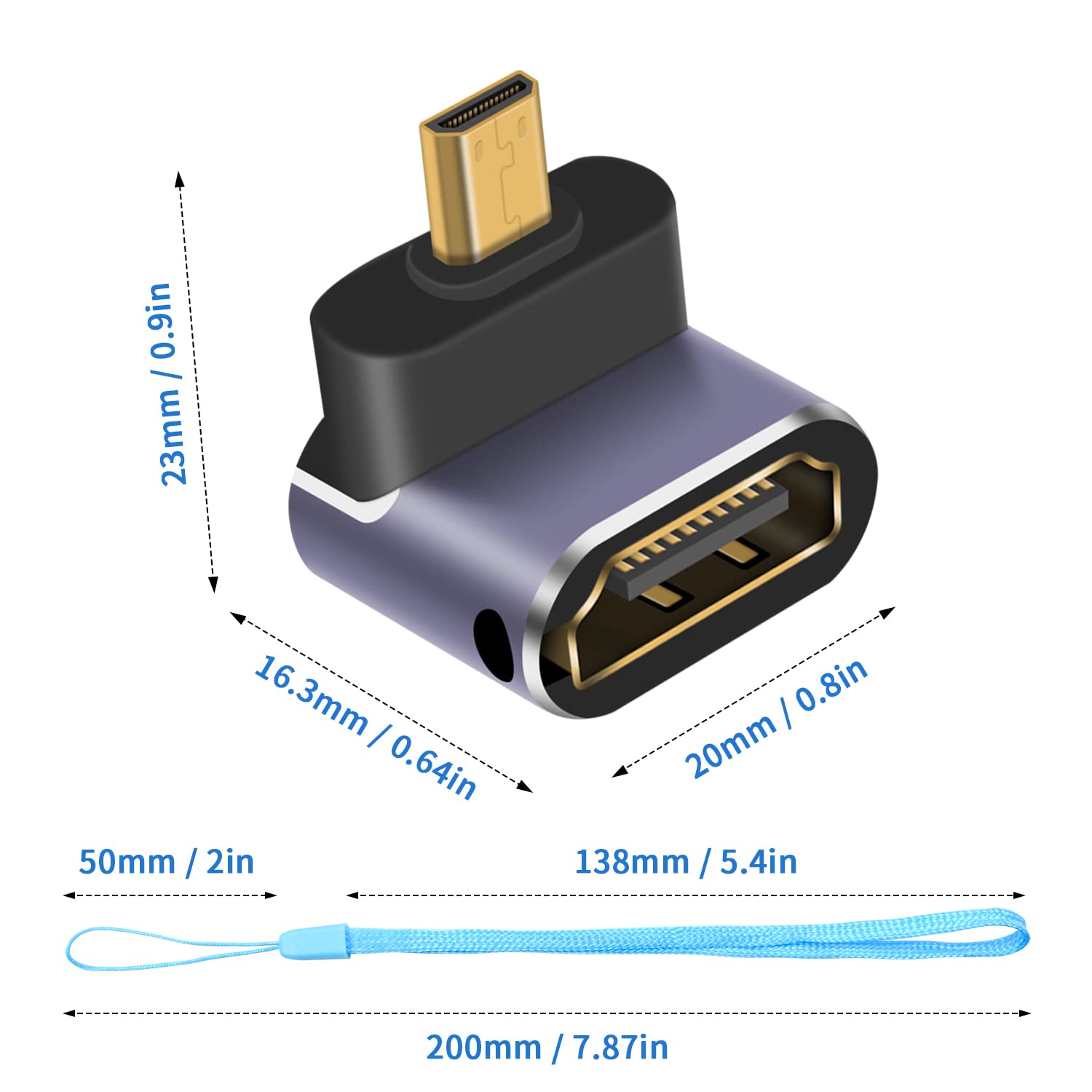 Duttek 8K 90 Degree Micro HDMI to HDMI Adapter, Down Angle HDMI Female to Micro HDMI Male Adapter, Micro HDMI Adapter, with LED Light and Perforated Design for Cameras Camcorder DC (2 Pack)