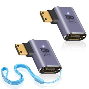 duttek 90 degree hdmi to mini hdmi adapter, 8k uhd mini hdmi to hdmi connector, left angled mini hdmi male to hdmi female adapter support 8k@60hz, 4k@144hz for camera, camcorder (2 pack)