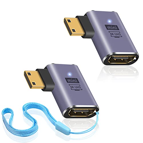 Duttek 90 Degree HDMI to Mini HDMI Adapter, 8k UHD Mini HDMI to HDMI Connector, Left Angled Mini HDMI Male to HDMI Female Adapter Support 8K@60Hz, 4K@144Hz for Camera, Camcorder (2 Pack)