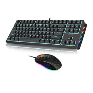 Mechanical Keyboard and Mouse, E-YOOSO Z-737 Wired Gaming Keyboard and Mouse with OUTEMU Blue Switches, 8000 DPI Honeycomb Mouse with Mouse Pad, Blue Backlit & RGB Sidelight 87 Keys Keyboard for PC