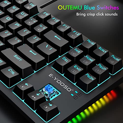 Mechanical Keyboard and Mouse, E-YOOSO Z-737 Wired Gaming Keyboard and Mouse with OUTEMU Blue Switches, 8000 DPI Honeycomb Mouse with Mouse Pad, Blue Backlit & RGB Sidelight 87 Keys Keyboard for PC