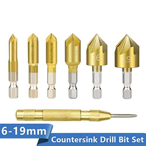 Hex Shank Countersink Drill Bit 6-19mm Set Coated 5 Flute Hole Drill 90 Degrees Wood Chamfering 6Pcs (Color : 6pcs 6-19mm)