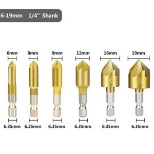 Hex Shank Countersink Drill Bit 6-19mm Set Coated 5 Flute Hole Drill 90 Degrees Wood Chamfering 6Pcs (Color : 6pcs 6-19mm)