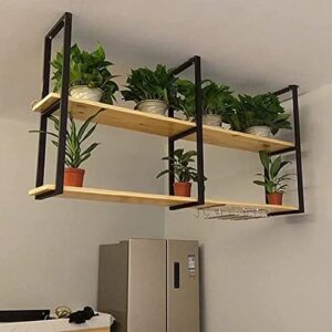 Hanging wine glass rack Ceiling Shelf Brackets 2-Layer，Solid Wood and Black Iron Ceiling-Type Flower Stand，Suspended Ceiling Storage Rack & Shelves for Restaurants and Bars, 6 Sizes (Size : 150x30x80