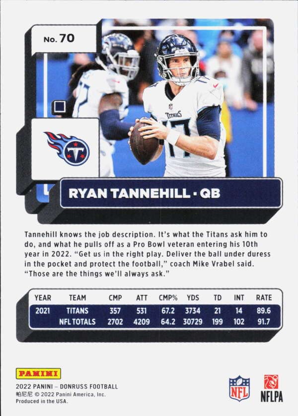 Football Trading Card NFL 2022 Donruss #70 Ryan Tannehill NM Near Mint Titans