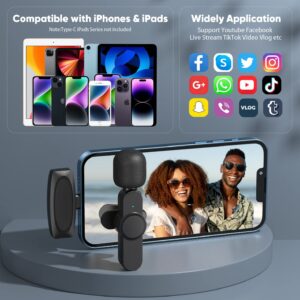 Wireless Lavalier Microphone for iPhone iPad, 2 Pack Mini Wireless Clip-on Microphones Lapel Mics Plug-Play Crystal Clear Sound Quality for Recording, Live Streaming, YouTube, Facebook, TikTok