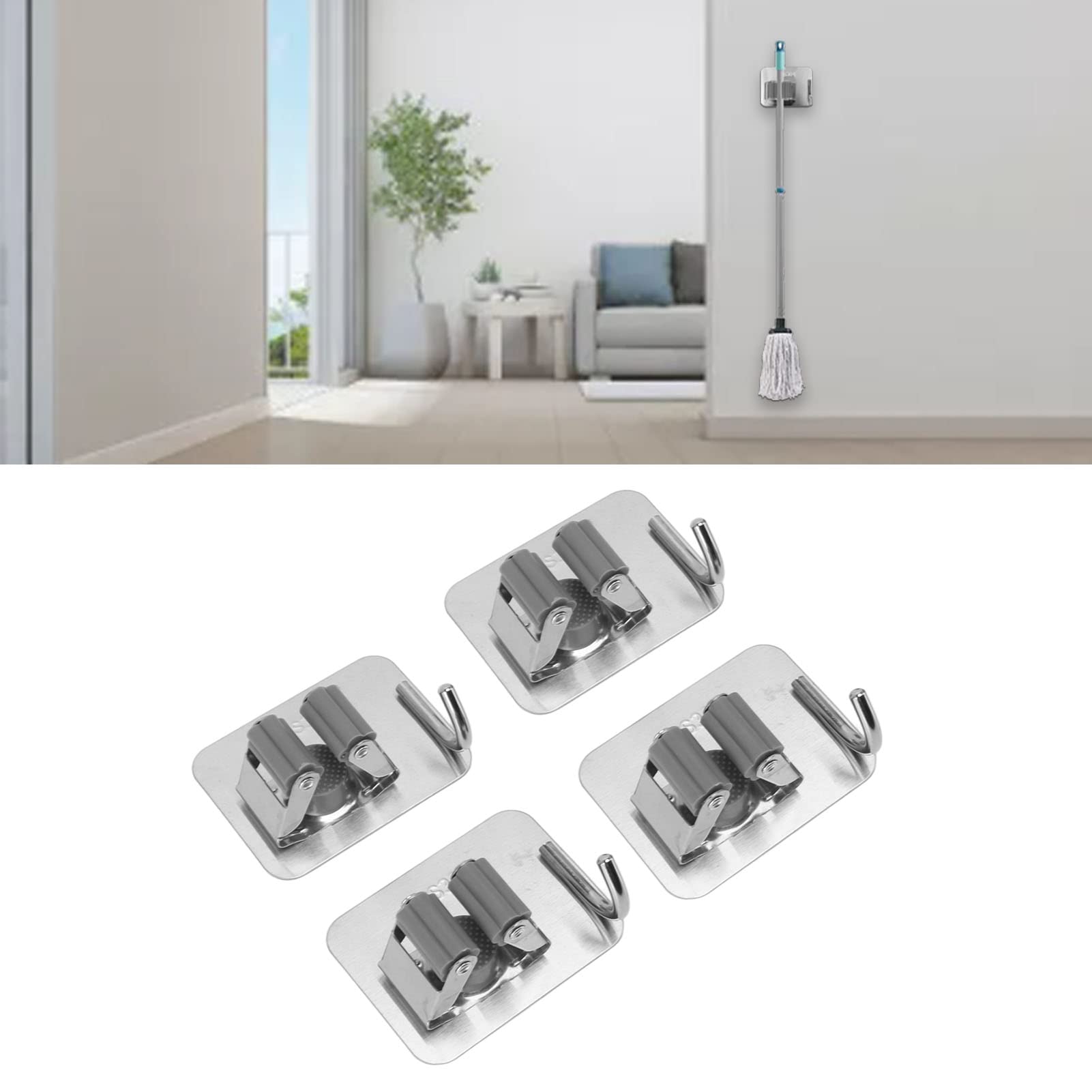 Atyhao Mop Broom Holder, 4Pcs Mop Holder Wall Mounted Heavy Duty Broom Gripper Holders Organizers Clips Hanger Brush Storage Rack for Bathroom, Kitchen, Office, Closet, Garden Garage