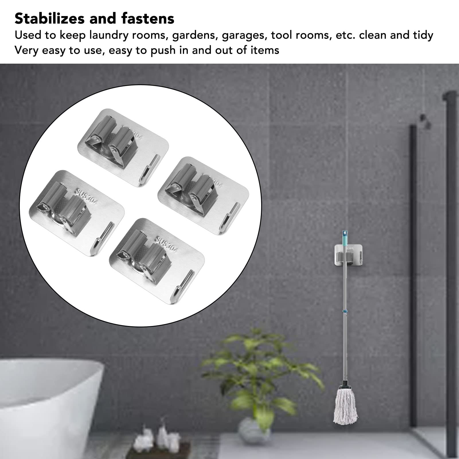 Atyhao Mop Broom Holder, 4Pcs Mop Holder Wall Mounted Heavy Duty Broom Gripper Holders Organizers Clips Hanger Brush Storage Rack for Bathroom, Kitchen, Office, Closet, Garden Garage